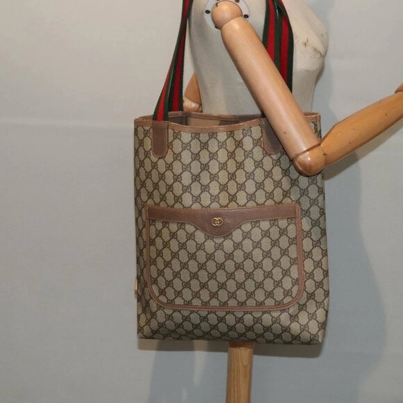GUCCI GG Supreme Web Sherry Line Tote Bag PVC Leather Beige Auth 89625 - Picture 3 of 16